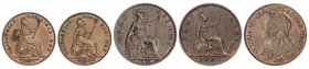 WORLD COINS: GREAT BRITAIN
Lote 5 monedas Farthing (2) y 1/2 Penique (3). 1839 a 1897. VICTORIA. AE y Br. Incluye: 2x Farthing 1839, 3x 1/2 Penique 1...