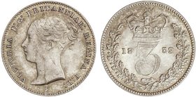 WORLD COINS: GREAT BRITAIN
3 Peniques. 1859. VICTORIA. 1,41 grs. AR. Pequeña rotura de cuño en anverso. Brillo original. Pátina. KM-730. EBC/EBC+.