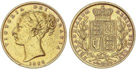 WORLD COINS: GREAT BRITAIN
Soberano. 1856. VICTORIA. 7,94 grs. AU. Tipo ´Escudo´. (Descolgada). Fr-387; KM-736.1. MBC-.
