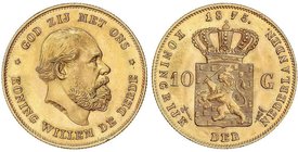 WORLD COINS: NETHERLANDS
10 Gulden. 1875. GUILLERMO III. 6,71 grs. AU. Brillo original. Fr-342; KM-105. SC.