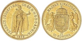 WORLD COINS: HUNGARY
10 Coronas. 1906-KB. FRANCISCO JOSÉ I. KREMNITZ. 3,37 grs. AU. (Rayitas). Restos de brillo original. Fr-252; KM-485. EBC-.