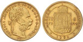 WORLD COINS: HUNGARY
 20 Francos - 8 Forint . 1883-KB . FRANCISCO JOSÉ I . KREMNITZ . 6,44 grs. AU. (Dos golpecitos en canto). Fr-243; KM-467. MBC+ ....