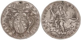 WORLD COINS: ITALIAN STATES
1 Escudo. 1818. PÍO VII. ESTADOS PAPALES. BOLOÑA. 26,24 grs. AR. Año XVIII. (Perforación reparada a las doce). Ligera pát...