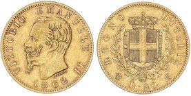 WORLD COINS: ITALY
20 Liras. 1862-T BN. VÍCTOR MANUEL II. TURÍN. 6,40 grs. AU. Fr-11; KM-10.1. MBC.