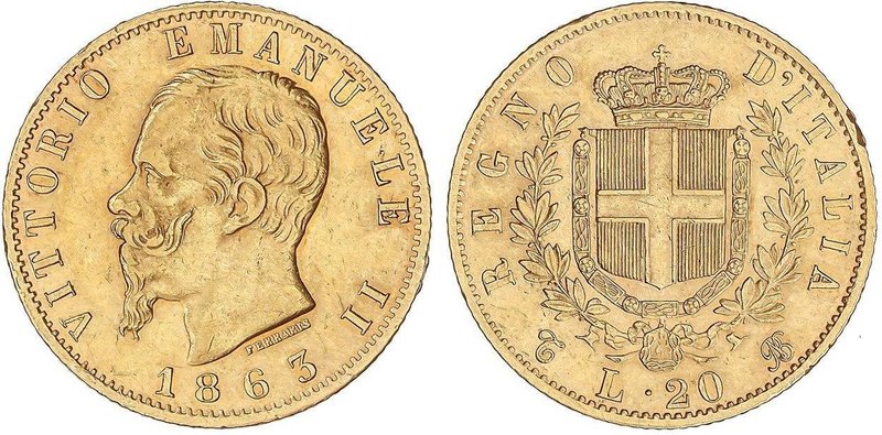 WORLD COINS: ITALY
20 Liras. 1863-T BN. VÍCTOR MANUEL II. TURÍN. 6,43 grs. AU. ...