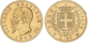 WORLD COINS: ITALY
20 Liras. 1863-T BN. VÍCTOR MANUEL II. TURÍN. 6,43 grs. AU. Fr-11; KM-10.1. MBC/MBC+.