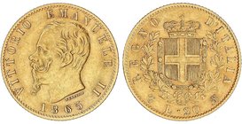 WORLD COINS: ITALY
20 Liras. 1865-T BN. VÍCTOR MANUEL II. TURÍN. 6,42 grs. AU. Fr-11; KM-10.1. MBC+.