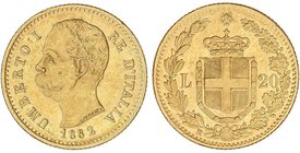 WORLD COINS: ITALY
20 Liras. 1882-R. HUMBERTO I. ROMA. 6,43 grs. AU. (Golpecitos). Restos de brillo original. Fr-21; KM-21. EBC-.