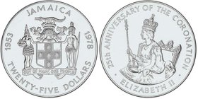 WORLD COINS: JAMAICA
25 Dólares. 1978. ISABEL II. 136 grs. AR. 25 aniversario coronación Isabel II. En estuche original con certificado. KM-76. FDC....