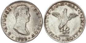 WORLD COINS: MEXICO
8 Reales. 1822. AGUSTÍN I de ITURBIDE. MÉXICO. J.M. 26,93 grs. (pequeños golpecitos).Acuñación floja en parte en reverso. KM-304....