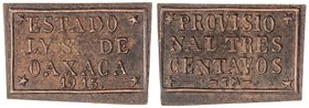 WORLD COINS: MEXICO
3 Centavos. 1915. OAXACA. 2,49 grs. AE. Moneda provisional con cospel rectangular. RARA. KM-711. MBC+.