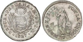 WORLD COINS: PERU
2 Reales. 1827. 6,84 grs. AR. (Leves oxidaciones en anverso. Acuñacion algo floja en parte de anverso). Restos de brillo original. ...