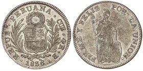 WORLD COINS: PERU
4 Reales. 1836. CUZCO. B. 13,47 grs. AR. Acuñación algo floja. Restos de brillo original. KM-151.1. (EBC-/MBC+).