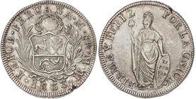 WORLD COINS: PERU
8 Reales. 1833. LIMA. M.M. 27,15 grs. AR. (Pequeña grieta en canto). Restos de brillo original. BONITA PIEZA. KM-142.3. EBC-.