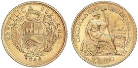 WORLD COINS: PERU
5 Soles. 1966. 2,33 grs. Tirada máxima: 4.738 piezas. Fr-82; KM-235. SC.