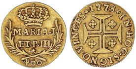 WORLD COINS: PORTUGAL
Cruzado Novo (Pinto - 400 Reis). 1778. MARIA I y PEDRO III. 0,98 grs. AU. Fr-112 ;Gomes-15.02. MBC-.