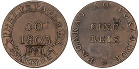 WORLD COINS: PORTUGAL
50 Reis - token. 1803. 5,7 grs. AE. I W PHELPS & CO. Contramarca bajo la fecha F.I. (Fenay&Irmaos). EBC.