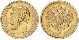 WORLD COINS: RUSSIA
5 Rublos. 1898-G. NICOLÁS II. 4,27 grs. AU. Ensayador: ¶. Fr-180; Y-62. EBC-.