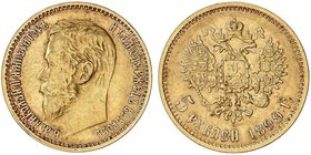 WORLD COINS: RUSSIA
5 Rublos. 1899-G. NICOLÁS II. 4,26 grs. AU. (Rayitas en reverso). Ensayador: ¶. Fr-180; Y-62. MBC+.