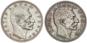 WORLD COINS: SERBIA
Lote 2 monedas 1 Dinar. 1912 y 1915. PEDRO I. AR. 1912 tipo medalla y 1915 tipo moneda con grabador. KM-25.1, 25.3. EBC-.