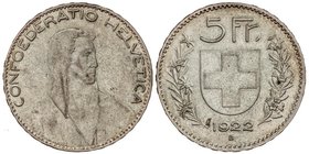 WORLD COINS: SWITZERLAND
5 Francos. 1922-B. BERNA. 24,90 grs. AR. (Leves golpecitos). KM-370. EBC.