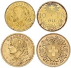 WORLD COINS: SWITZERLAND
Lote 2 monedas 10 y 20 Francos. 1913-B y 1935-L B. 3,21 + 6,43 grs. AU. (La de 10 Francos sirvió como joya). Fr-504, 499; KM...