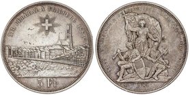 WORLD COINS: SWITZERLAND
5 Francos. 1881. FESTIVAL DE TIRO: FRIBURGO. 24,91 grs. AR. (Pequeños golpecitos). Pátina. KM-s15. EBC-.