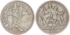 WORLD COINS: SWITZERLAND
5 Francos. 1883. FESTIVAL DE TIRO: LUGANO. 23,45 grs. AR. Contramarca ALP en Anverso. KM-X-S16. MBC+.