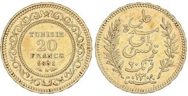 WORLD COINS: TUNISIA
20 Francos. 1891-A. PROTECTORADO FRANCÉS. (PARÍS). 6,44 grs. AU. (Rayitas). Fr-12; KM-227. (MBC+).