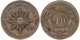 WORLD COINS: URUGUAY
40 Centesimos. 1844. 36,19 grs. Br. (Hojas, defecto de fabricación de cospel). KM-3. MBC.