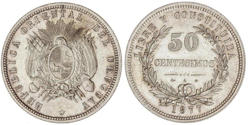 WORLD COINS: URUGUAY
50 Centesimos. 1877. 12,49 grs. AR. (Levísimas rayitas de ...