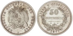 WORLD COINS: URUGUAY
50 Centesimos. 1877. 12,49 grs. AR. (Levísimas rayitas de limpieza). Restos de brillo original. KM-16. EBC+.