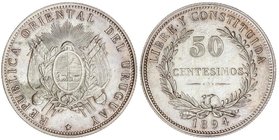 WORLD COINS: URUGUAY
50 Centesimos. 1894. 12,44 grs. AR. (Levísimas rayitas de limpieza. Brillo original. KM-16. EBC+.