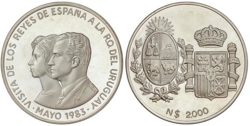 WORLD COINS: URUGUAY
2.000 Nuevos Pesos. 1983. Visita de los Reyes de España. E...