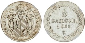 WORLD COINS: VATICAN CITY
5 Baiocchi. 1858-XIIIR. PÍO IX. ROMA. AR. Encapsulada en estuche de metacrilato de NGC (Nº 2091300-035) como AU DETAILS CLE...