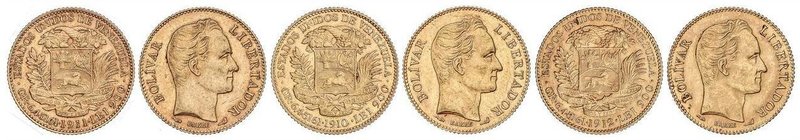 WORLD COINS: VENEZUELA
Lote 3 monedas 20 Bolívares. 1910, 1911 y 1912. PARÍS. A...