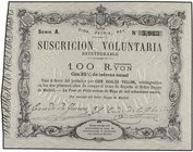 SPANISH BANK NOTES: ANCIENT
100 Reales de Vellón. 30 Mayo 1870. CARLOS VII PRETENDIENTE. TOUR DE PEILZ. Ed-A208. SC.