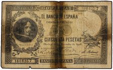 SPANISH BANK NOTES: ESTADO ESPAÑOL
50 Pesetas. 30 Noviembre 1902. Velázquez, FALSO DE ÉPOCA.. (Roturas, reparación central con cinta adhesiva). Ed-B9...