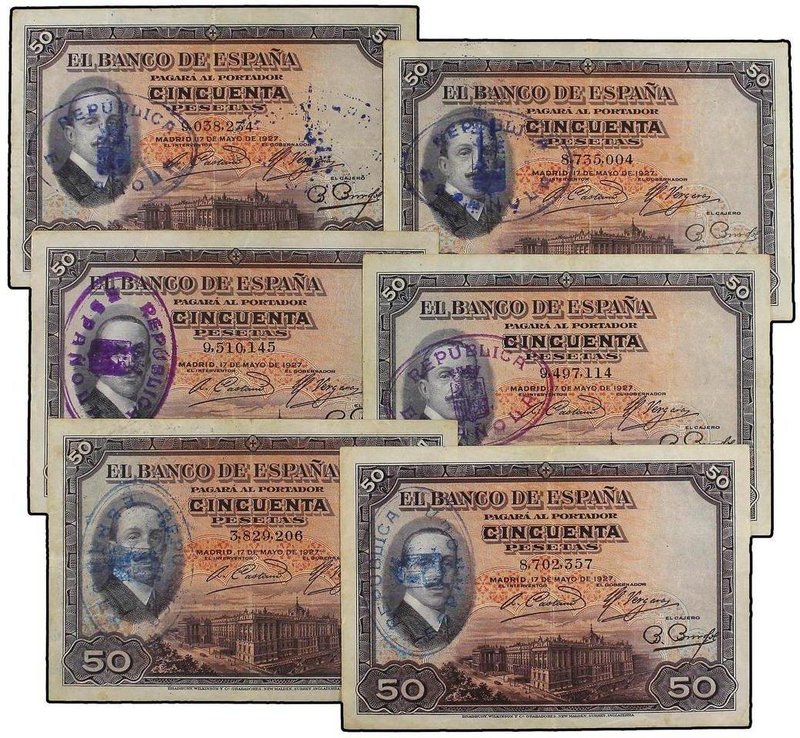 SPANISH BANK NOTES: BANCO DE ESPAÑA
Lote 6 billetes 50 Pesetas. 17 Mayo 1927. A...