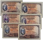 SPANISH BANK NOTES: BANCO DE ESPAÑA
Lote 6 billetes 50 Pesetas. 17 Mayo 1927. Alfonso XIII. Resellos de REPÚBLICA ESPAÑOLA . Ed-332. MBC- a MBC.
