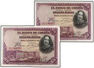 SPANISH BANK NOTES: CIVIL WAR, REPUBLICAN ZONE
Lote 10 billetes 50 Pesetas. 15 Agosto 1928. Velázquez. Serie E. Todos correlativos. Ed-354. SC.