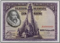 SPANISH BANK NOTES: CIVIL WAR, REPUBLICAN ZONE
100 Pesetas. 15 Agosto 1928. Cervantes. Numeración A0.000.000 y SPECIMEN en taladro. Ed-355M. SC.