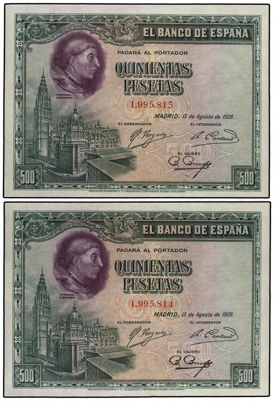 SPANISH BANK NOTES: CIVIL WAR, REPUBLICAN ZONE
Lote 2 billetes 500 Pesetas. 15 ...