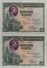 SPANISH BANK NOTES: CIVIL WAR, REPUBLICAN ZONE
Lote 2 billetes 500 Pesetas. 15 Agosto 1928. Cardenal Cisneros. Pareja correlativa. Ed-356. SC.