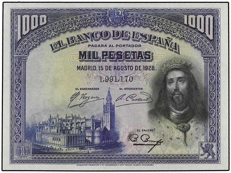 SPANISH BANK NOTES: CIVIL WAR, REPUBLICAN ZONE
1.000 Pesetas. 15 Agosto 1928. S...