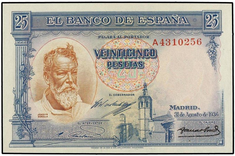 SPANISH BANK NOTES: CIVIL WAR, REPUBLICAN ZONE
25 Pesetas. 31 Agosto 1936. Soro...