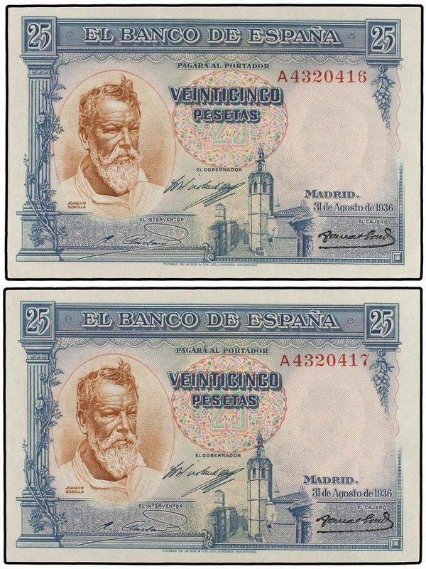 SPANISH BANK NOTES: CIVIL WAR, REPUBLICAN ZONE
Lote 2 billetes 25 Pesetas. 31 A...