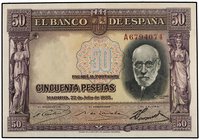 SPANISH BANK NOTES: CIVIL WAR, REPUBLICAN ZONE
50 Pesetas. 22 Julio 1935. Ramón y Cajal. Serie A. Ed-366a. SC.