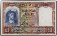SPANISH BANK NOTES: CIVIL WAR, REPUBLICAN ZONE
500 Pesetas. 25 Abril 1931. Juan Sebastián Elcano. Numerado 0.000.000 y SPECIMEN en taladro. Ed-361M. ...