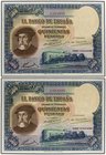 SPANISH BANK NOTES: CIVIL WAR, REPUBLICAN ZONE
Lote 2 billetes 500 Pesetas. 7 Enero 1935. Hernán Cortés. Pareja correlativa. (Leves arrugas en esquin...